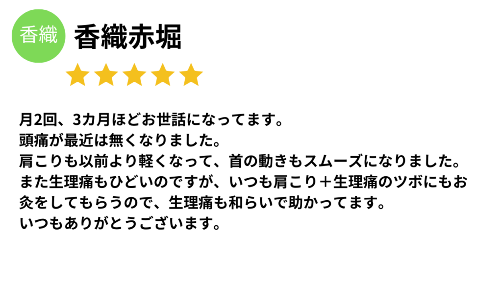 ★★★★★
月２回、3ヶ月ほどお世話になってます。
頭痛が最近は無くなりました。
肩こりも以前より軽くなって、首の動きもスムーズになりました。
また生理痛もひどいのですが、いつも肩こり＋生理痛のツボにもお灸をしてもらうので、生理痛も和らいで助かってます。
いつもありがとうございます。